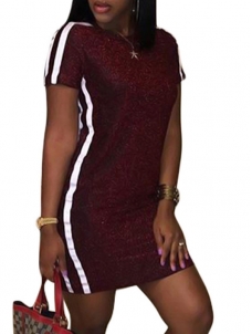 Leisure Round Neck Patchwork Wine Red Mini Dress 