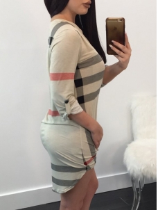 Leisure V Neck Striped Polyester Sheath Dress