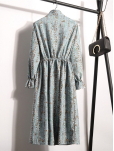 Light Blue Women Stand Collar Long Sleeve Dress