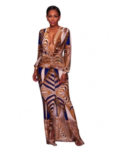 Light Yellow S-3XL V Neck Printed Ankle Length Dress