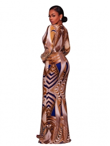 Light Yellow S-3XL V Neck Printed Ankle Length Dress