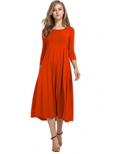 Orange A-Line and Flare Midi Long Dress