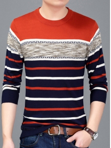 Orange Round Neck Striped Printed T-Shirt