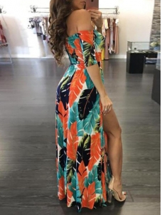 Orange S-XL Off Shoulder Side Split Dress