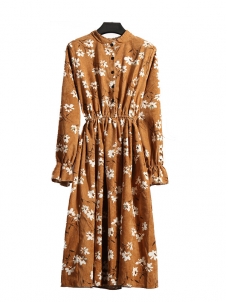 Orange Women Stand Collar Long Sleeve Dress