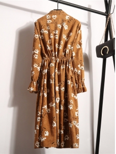 Orange Women Stand Collar Long Sleeve Dress