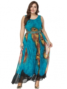 Peacock Feather Print Plus Size Dress 