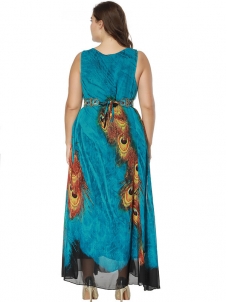 Peacock Feather Print Plus Size Dress 