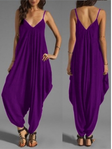 Purple Spaghetti Strap V-neck Loose Jumpsuit