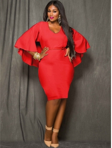 Red L-3XL Bat Sleeves Plus Size Dress
