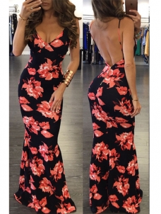 Red S-XXL Floral Print Sleeveless Long Dress