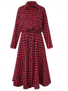 Red Women Long Sleeve Plaids Casual Dress
