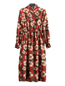 Red Women Stand Collar Long Sleeve Dress