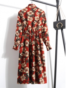 Red Women Stand Collar Long Sleeve Dress