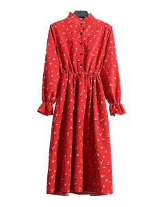 Red Women Stand Collar Long Sleeve Dress
