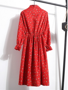 Red Women Stand Collar Long Sleeve Dress