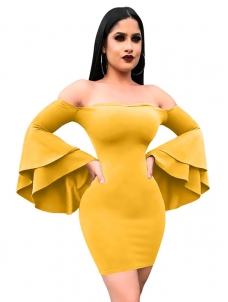 Sexy Bateau Neck Yellow Polyester Mini Dress