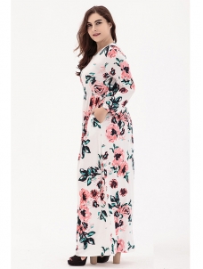 White Long Sleeve Plus Size Floral Maxi Dress