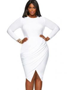 White Women Long Sleeve Plus Size Dress