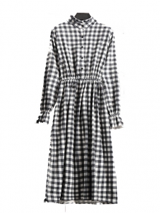 White Women Stand Collar Long Sleeve Dress