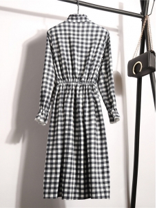 White Women Stand Collar Long Sleeve Dress