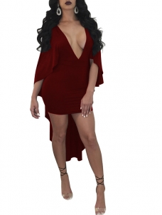 Wine Red Deep V Neck Asymmetrical Dress