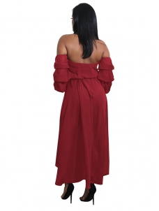 Wine Red Off Shoulder Asymmetric Hem Dress 