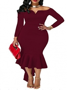 Wine Red Sexy Bateau Neck Dovetail Shape Dress