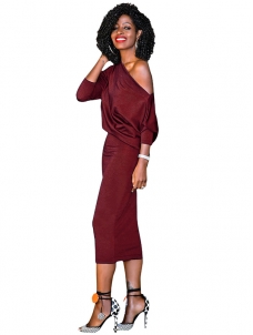 Wine Red S-XL Sexy One Shoulder Midi Dress