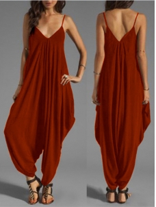 Wine Red Spaghetti Strap V-neck Loose Jumpsuit