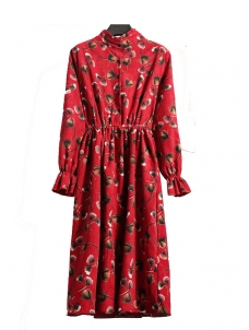 Wine Red Stand Collar Long Sleeve Dress