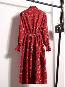 Wine Red Stand Collar Long Sleeve Dress