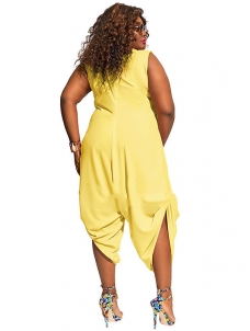 Yellow Heaps Collar Ruched Plus Size Jumpsuit