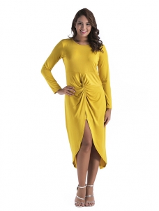 Yellow M-3XL Long Sleeve Irregular Slit Dress
