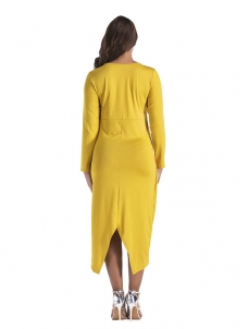 Yellow M-3XL Long Sleeve Irregular Slit Dress