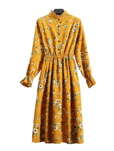 Yellow Women Stand Collar Long Sleeve Dress