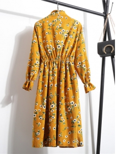 Yellow Women Stand Collar Long Sleeve Dress