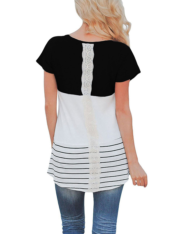 Black Casual Color Block Lace Inset Blouses