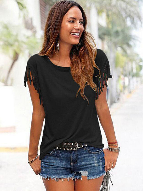 Black Summer Short Sleeve Tassel Blouses