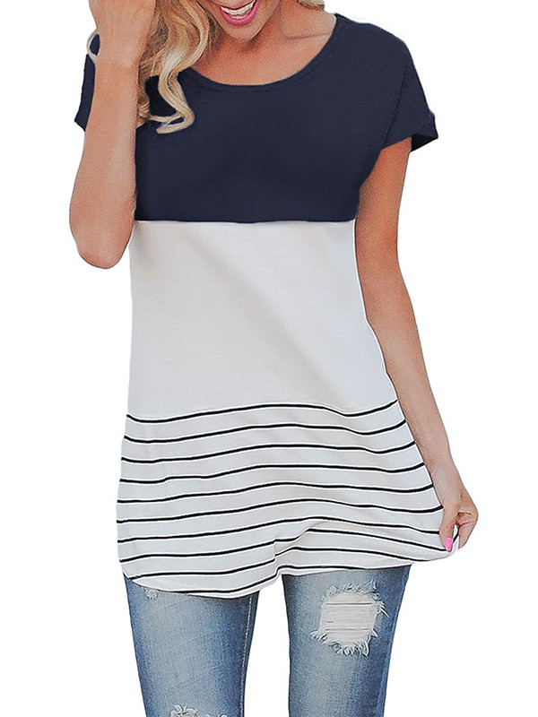 Blue Casual Color Block Lace Inset Blouses