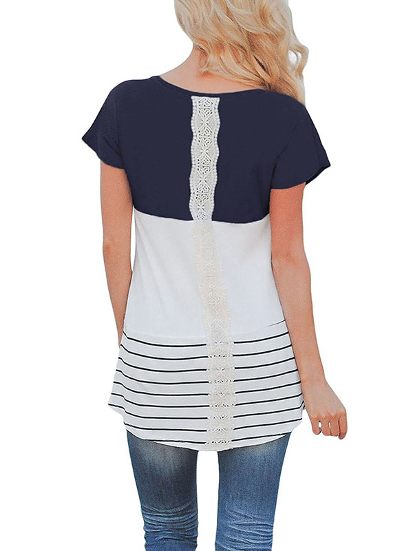 Blue Casual Color Block Lace Inset Blouses