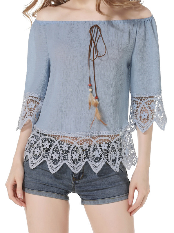 Blue Petal Sleeve Slash Collar Chiffon Blouses
