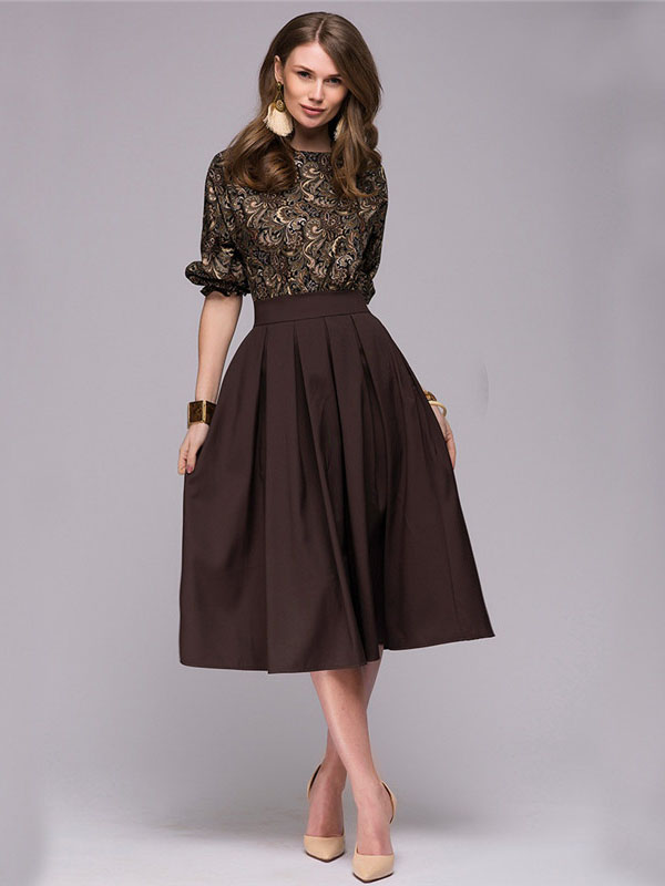 Brwon Elegant A-Line Skirt Short Sleeve Evening Dress