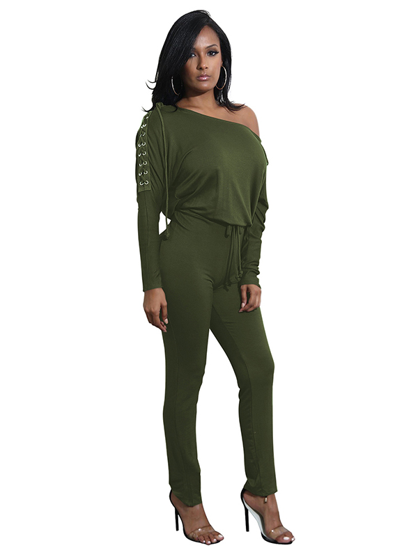 Dew Shoulder Lace-up Blends Jumpsuits Green