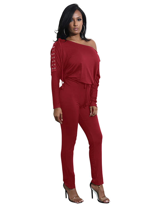 Dew Shoulder Lace-up Blends Jumpsuits Wine Red