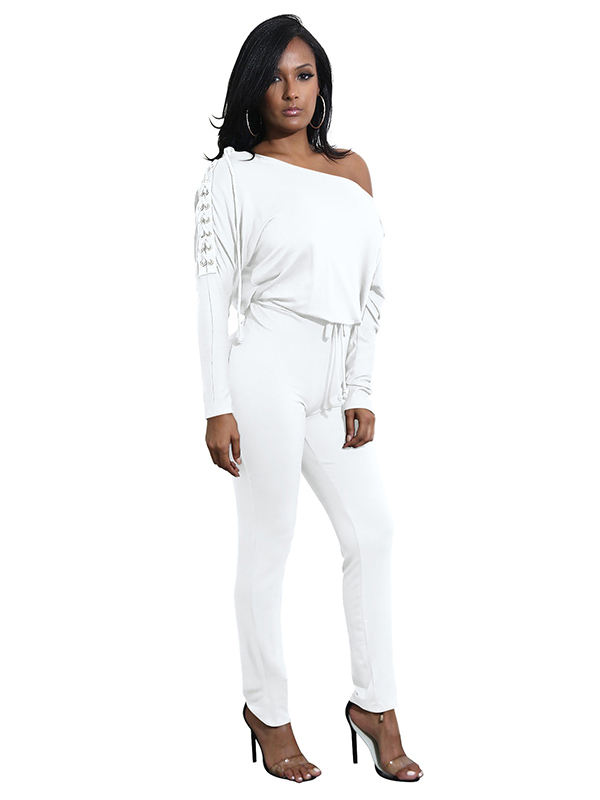 Dew Shoulder Lace-up Blends Jumpsuits White