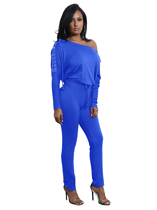 Dew Shoulder Lace-up Blends Jumpsuits Blue