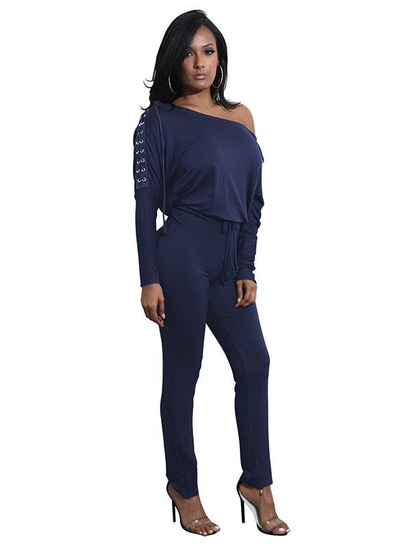 Dew Shoulder Lace-up Blends Jumpsuits Dark Blue