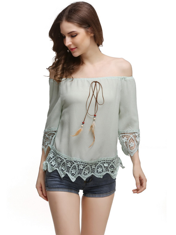 Green Petal Sleeve Slash Collar Chiffon Blouses