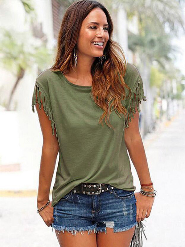 Green Summer Short Sleeve Tassel Blouses